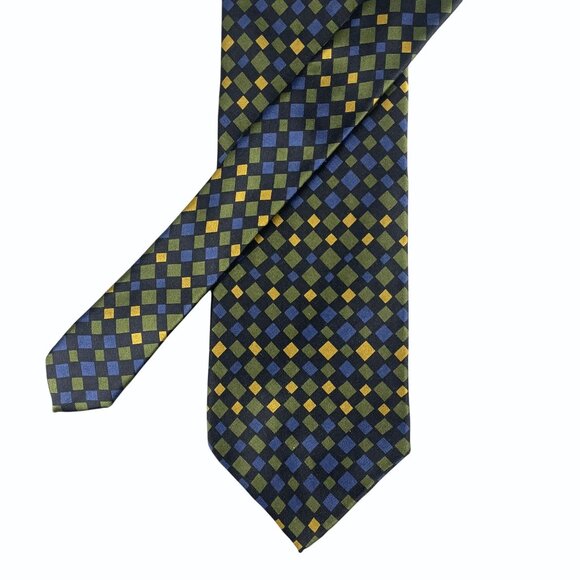 Jhane Barnes Silk Tie Black, Blue Green Gold Diamond Geometric Print Made Japan - Picture 1 of 10
